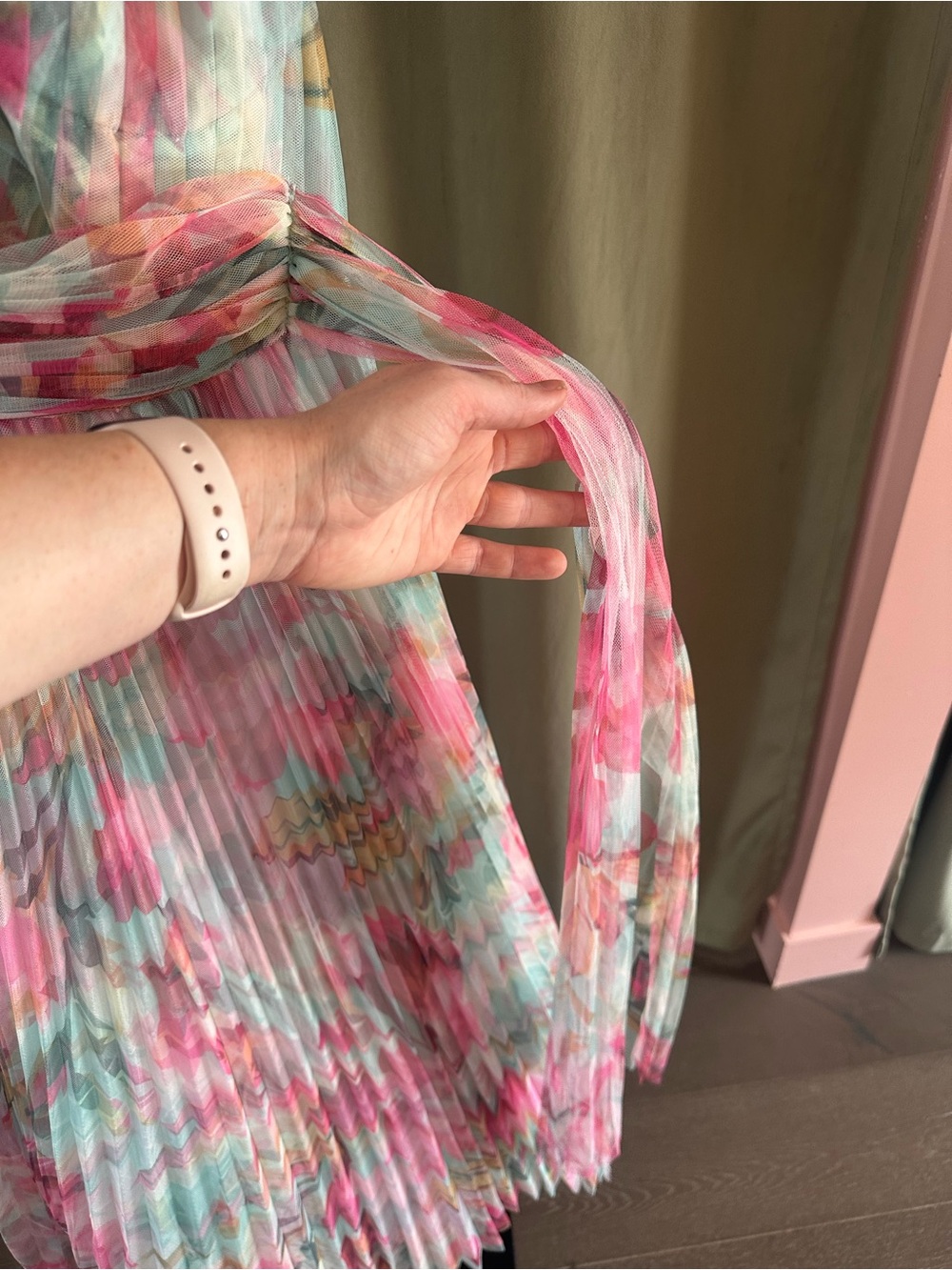 Hutch Phillips One-Shoulder Floral Pleated Maxi Dress in Pink & Aqua - Picture 7 of 9